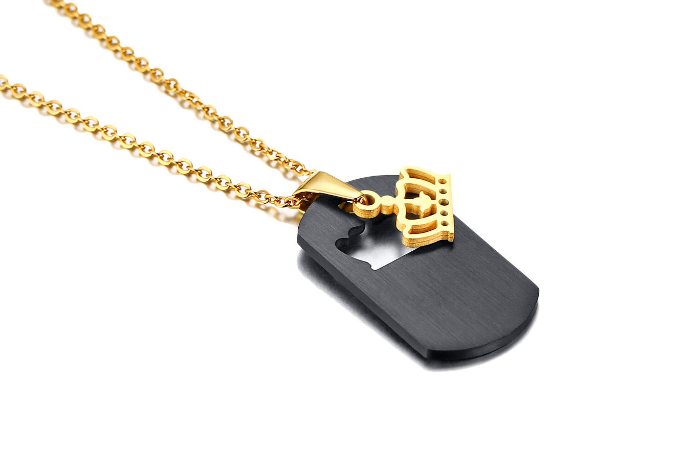 Rockyu ペアネックレス ステンレス ブラック×ゴールド クラウンプレート 男女兼用