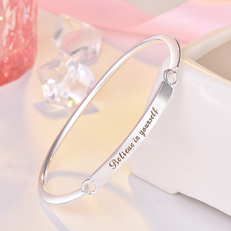 Rockyu レディースブレスレット チタン製 刻印メッセージバングル「Believe in yourself」 シルバー ゴールド ローズゴールド