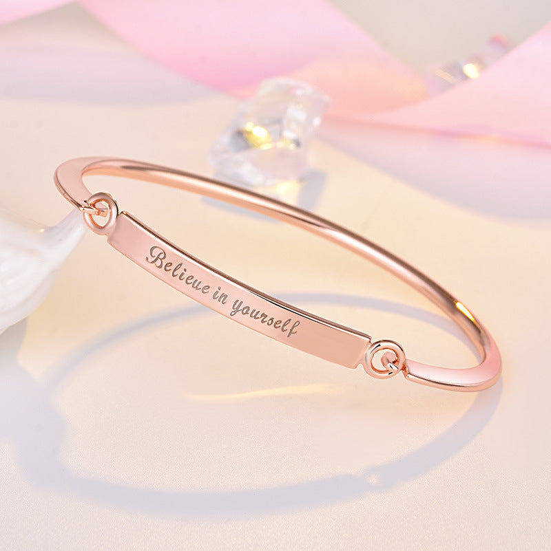 Rockyu レディースブレスレット チタン製 刻印メッセージバングル「Believe in yourself」 シルバー ゴールド ローズゴールド
