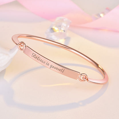Rockyu レディースブレスレット チタン製 刻印メッセージバングル「Believe in yourself」 シルバー ゴールド ローズゴールド
