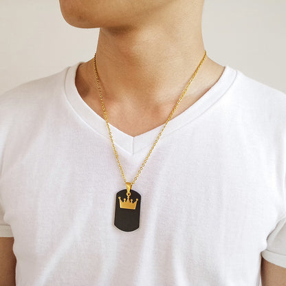 Rockyu ペアネックレス ステンレス ブラック×ゴールド クラウンプレート 男女兼用