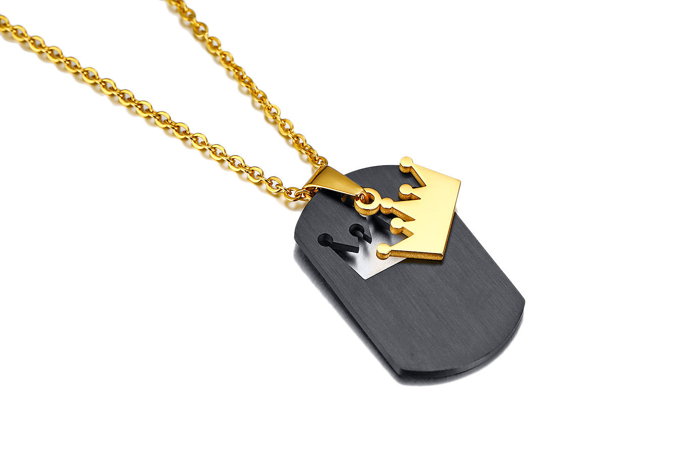 Rockyu ペアネックレス ステンレス ブラック×ゴールド クラウンプレート 男女兼用