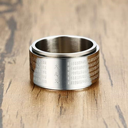 Rockyu メンズリング ステンレス製 大悲呪 回転式 12mm幅 スピナーリング