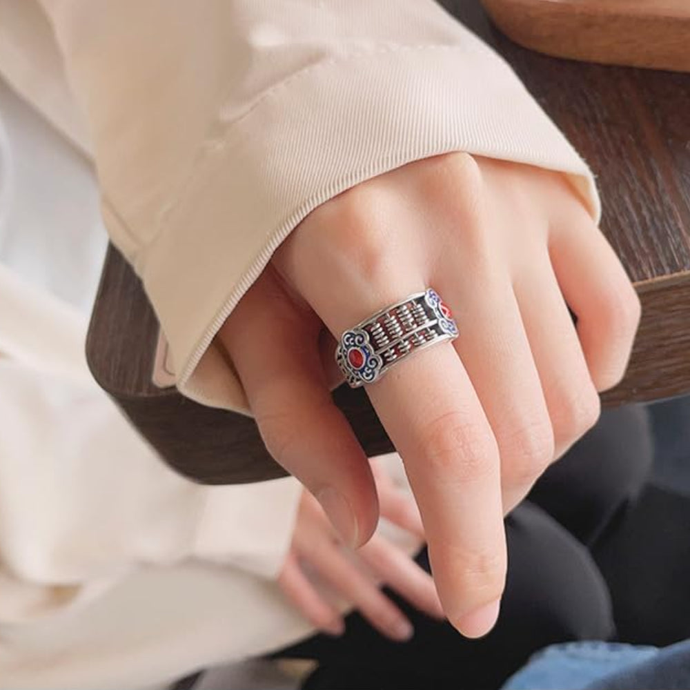 Rockyu 指輪 レディース メンズ 太め シルバー925 赤瑪瑙 算盤モチーフリング フリーサイズ 金運アップ 民族風 お守り