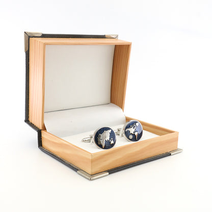 Rockyu カフス メンズ ラウンド ブルー シルバー 地球儀プレート 合金製