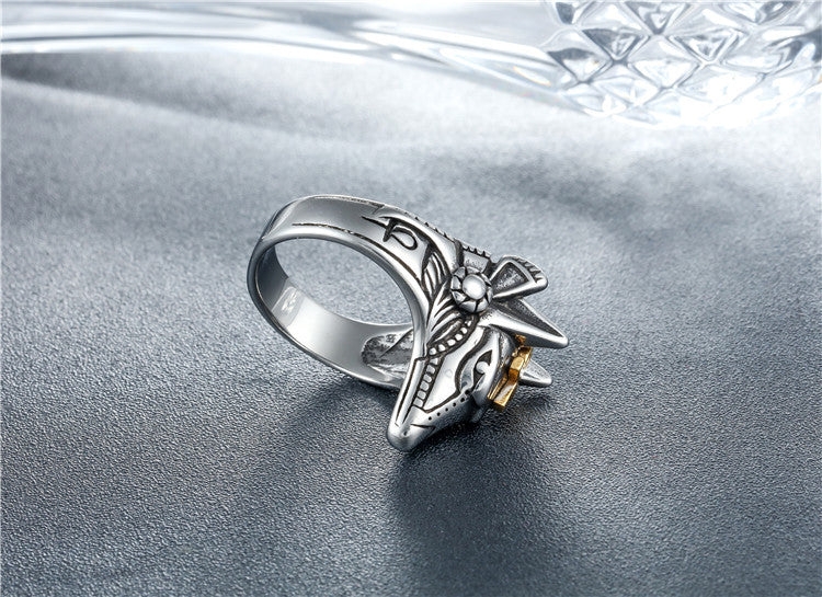 Rockyu メンズ ウルフヘッドリング アンク十字付き シルバー チタン風デザイン