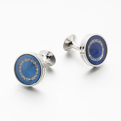 Rockyu メンズカフス ラウンドデザイン 大粒クリスタル シルバー ネイビーブルー カフリンクス