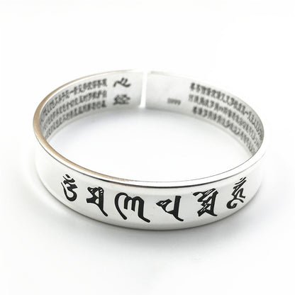 Rockyu バングル ブレスレット メンズ レディース シルバー ブラック 六字真言 刻印 幅広デザイン サイズ調節可