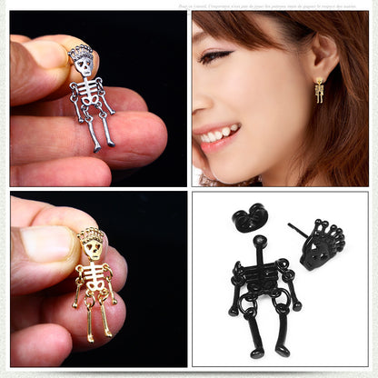 Rockyu スケルトンクラウンピアス｜揺れるドクロデザイン・ユニセックス・3色展開（ブラック/ゴールド/シルバー）