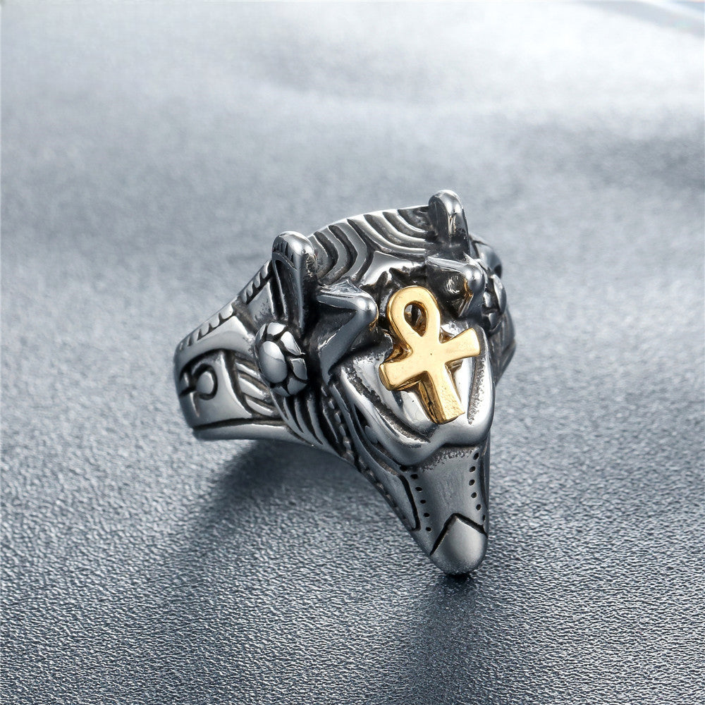 Rockyu メンズ ウルフヘッドリング アンク十字付き シルバー チタン風デザイン