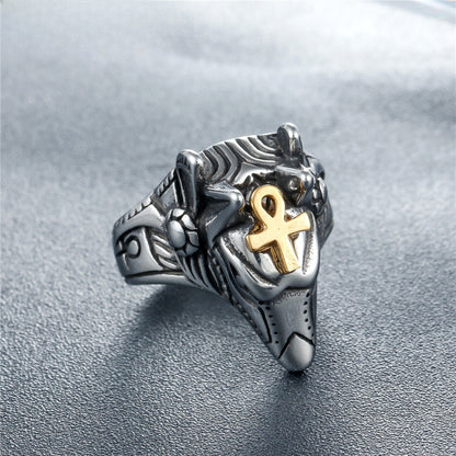 Rockyu メンズ ウルフヘッドリング アンク十字付き シルバー チタン風デザイン