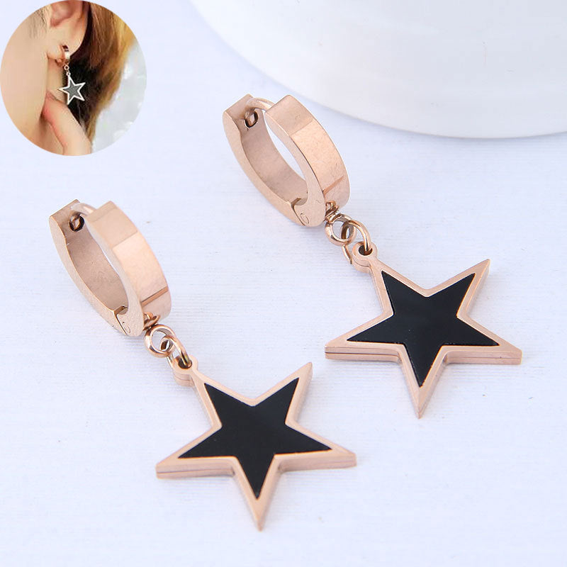 Rockyu フープピアス レディース 星モチーフ ブラック×ピンクゴールド 18K仕上げ チタン製