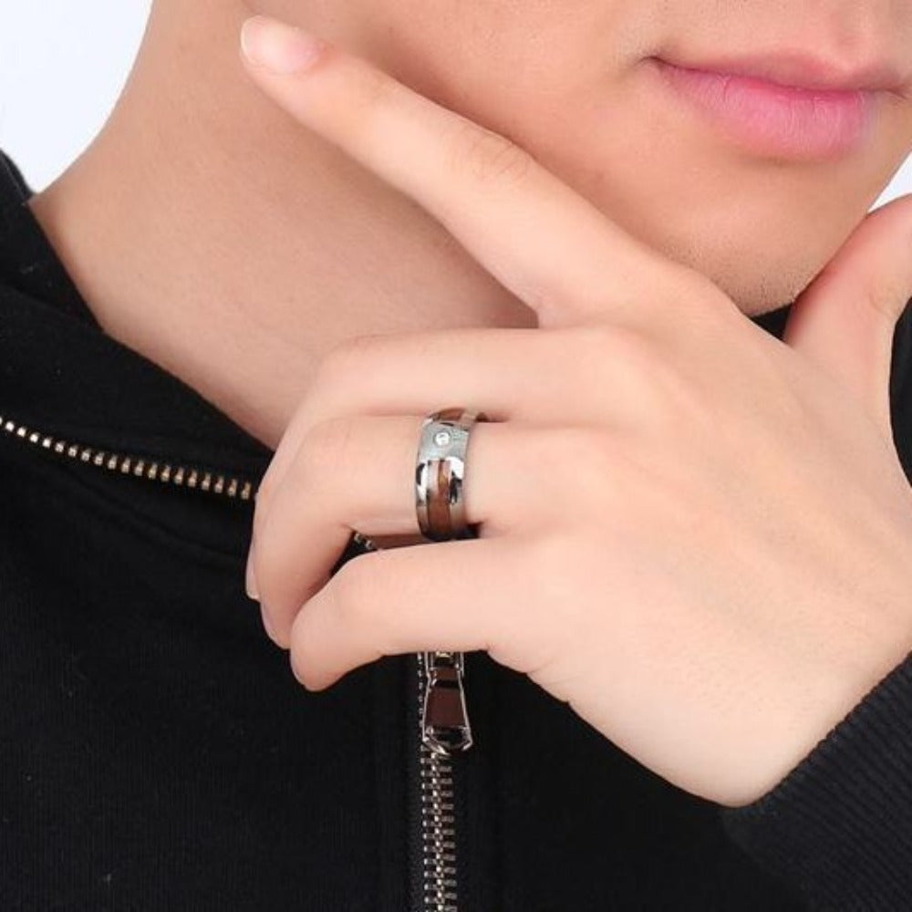 Rockyu タングステンカーバイドリング メンズ 8mm 木目インレイ ジルコニア シルバー 重厚感デザイン