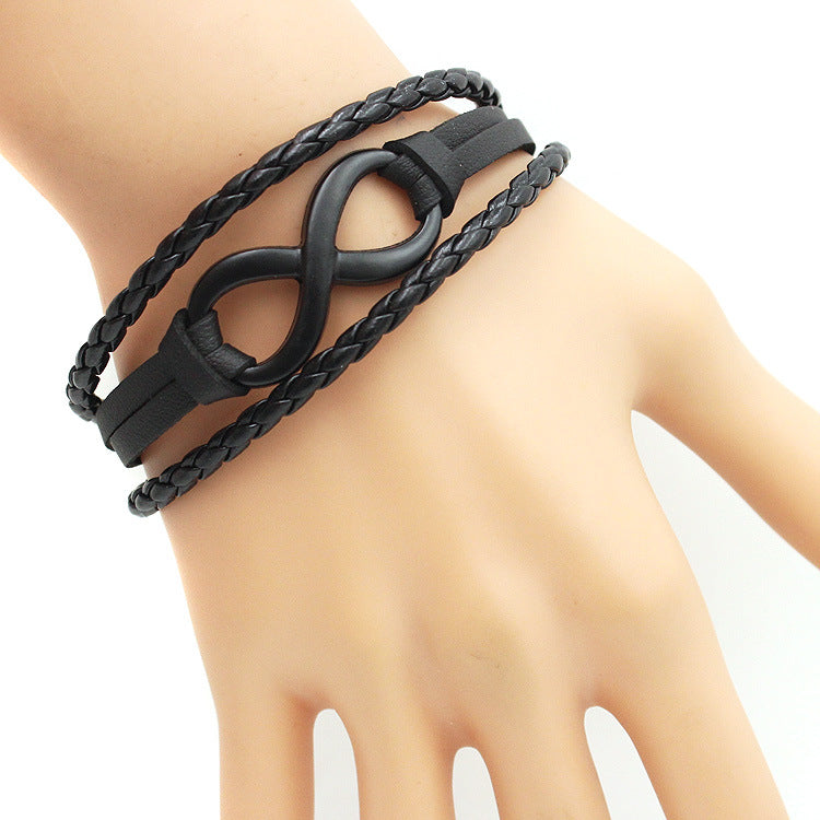 Rockyu メンズレザー ブレスレット 無限大モチーフ ステンレス留め具 本革編み込みデザイン カジュアルアクセサリー
