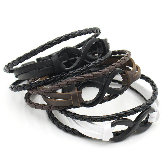 Rockyu メンズレザー ブレスレット 無限大モチーフ ステンレス留め具 本革編み込みデザイン カジュアルアクセサリー