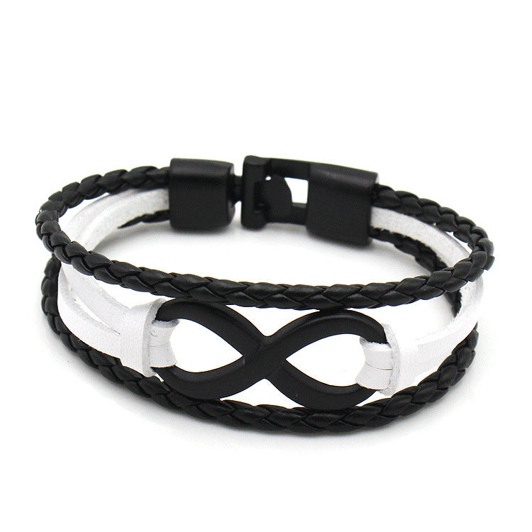 Rockyu メンズレザー ブレスレット 無限大モチーフ ステンレス留め具 本革編み込みデザイン カジュアルアクセサリー