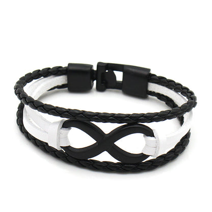 Rockyu メンズレザー ブレスレット 無限大モチーフ ステンレス留め具 本革編み込みデザイン カジュアルアクセサリー