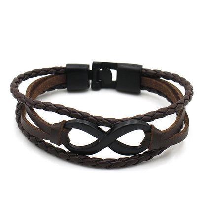 Rockyu メンズレザー ブレスレット 無限大モチーフ ステンレス留め具 本革編み込みデザイン カジュアルアクセサリー