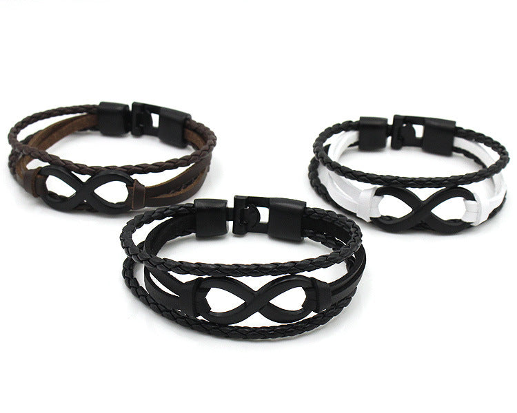 Rockyu メンズレザー ブレスレット 無限大モチーフ ステンレス留め具 本革編み込みデザイン カジュアルアクセサリー