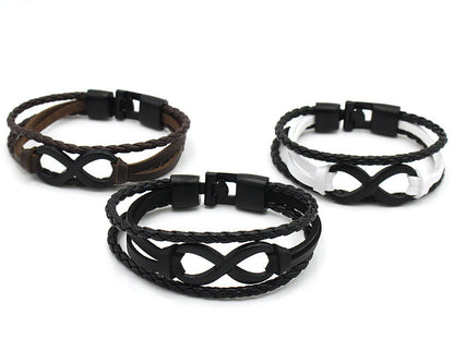Rockyu メンズレザー ブレスレット 無限大モチーフ ステンレス留め具 本革編み込みデザイン カジュアルアクセサリー
