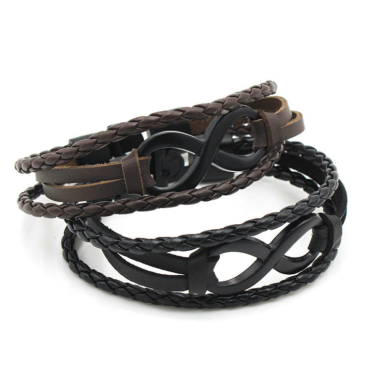 Rockyu メンズレザー ブレスレット 無限大モチーフ ステンレス留め具 本革編み込みデザイン カジュアルアクセサリー
