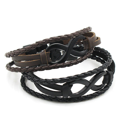 Rockyu メンズレザー ブレスレット 無限大モチーフ ステンレス留め具 本革編み込みデザイン カジュアルアクセサリー
