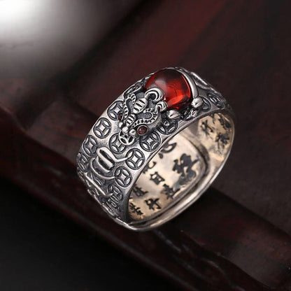 Rockyu 貔貅モチーフ経文リング メンズ レディース フリーサイズ アンティーク風指輪