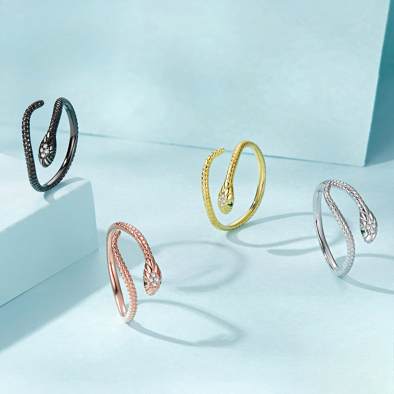 Rockyu スネークリング レディース フリーサイズ シルバー925 蛇指輪 4色展開 金属アレルギー対応