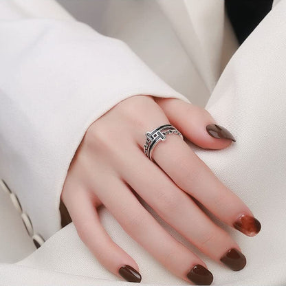 Rockyu Tモチーフチェーンリング シルバー925 ブラックエナメル フリーサイズ