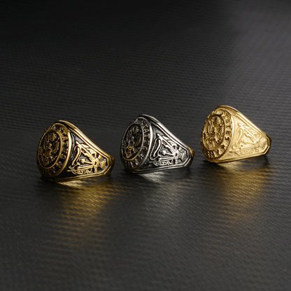 Rockyu メンズ チタン風ステンレスリング イーグル記章デザイン 重厚ゴールドリング