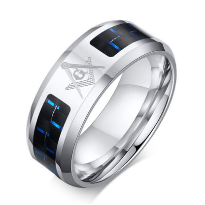 Rockyu メンズリング ステンレス製 炭素繊維チェック＆刻印デザイン シルバー×ブラック