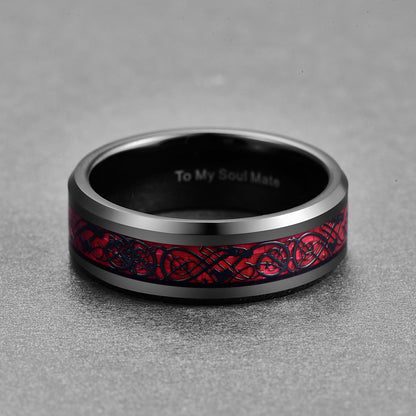 Rockyu ドラゴンモチーフ タングステンリング メンズ 8mm幅 カーボンファイバー×ブラック仕上げ