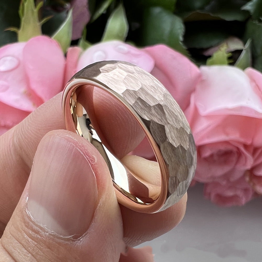 Rockyu タングステンリング 鎚目加工 ピンクゴールド＆ゴールド メンズ 6mm甲丸リング