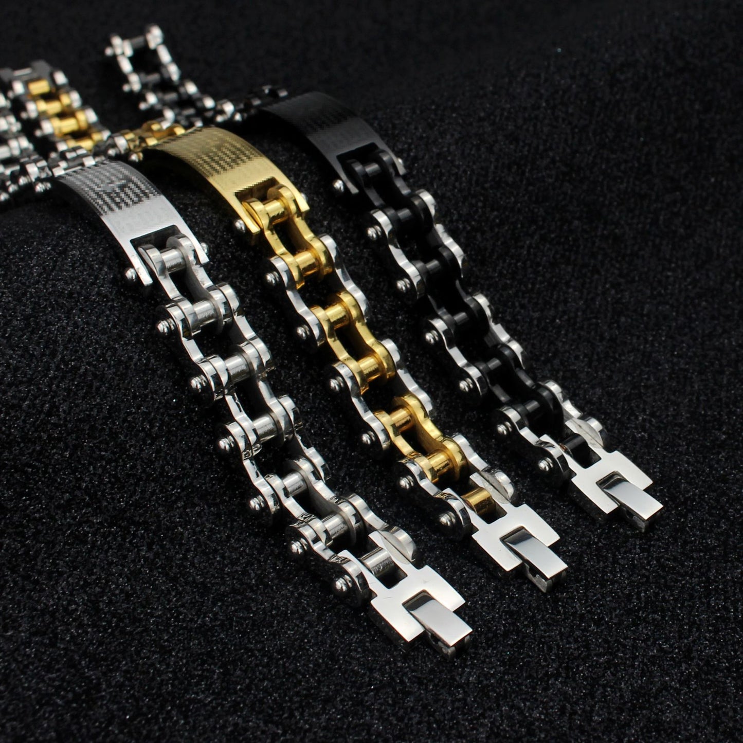 Rockyu メンズブレスレット 自転車チェーン風 ゴールド チタン製 プレート刻印 十字架 真言入り ハワイアン風 パーティーアクセサリー