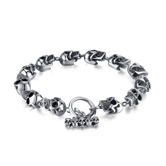 Rockyu スカルチェーンブレスレット メンズ｜ゴシック＆ロックデザイン｜幅広 シルバー｜サージカルステンレス製 金属アレルギー対応
