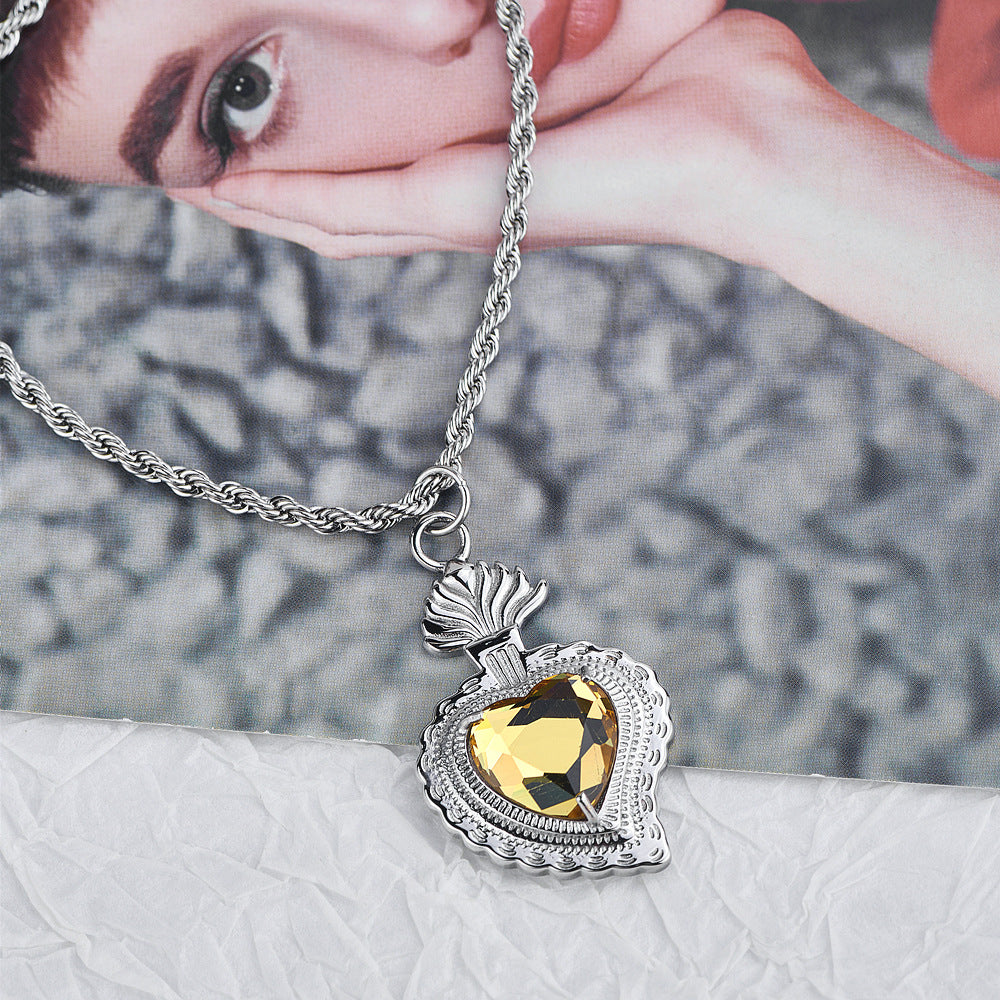 Rockyu ネックレス メンズ レディース シルバー ロープチェーン 50cm+5cm ハートネックレス グリーン/ブルー/レッド/イエロー/ホワイト チタン 金属アレルギー対応 ペンダント アクセサリー