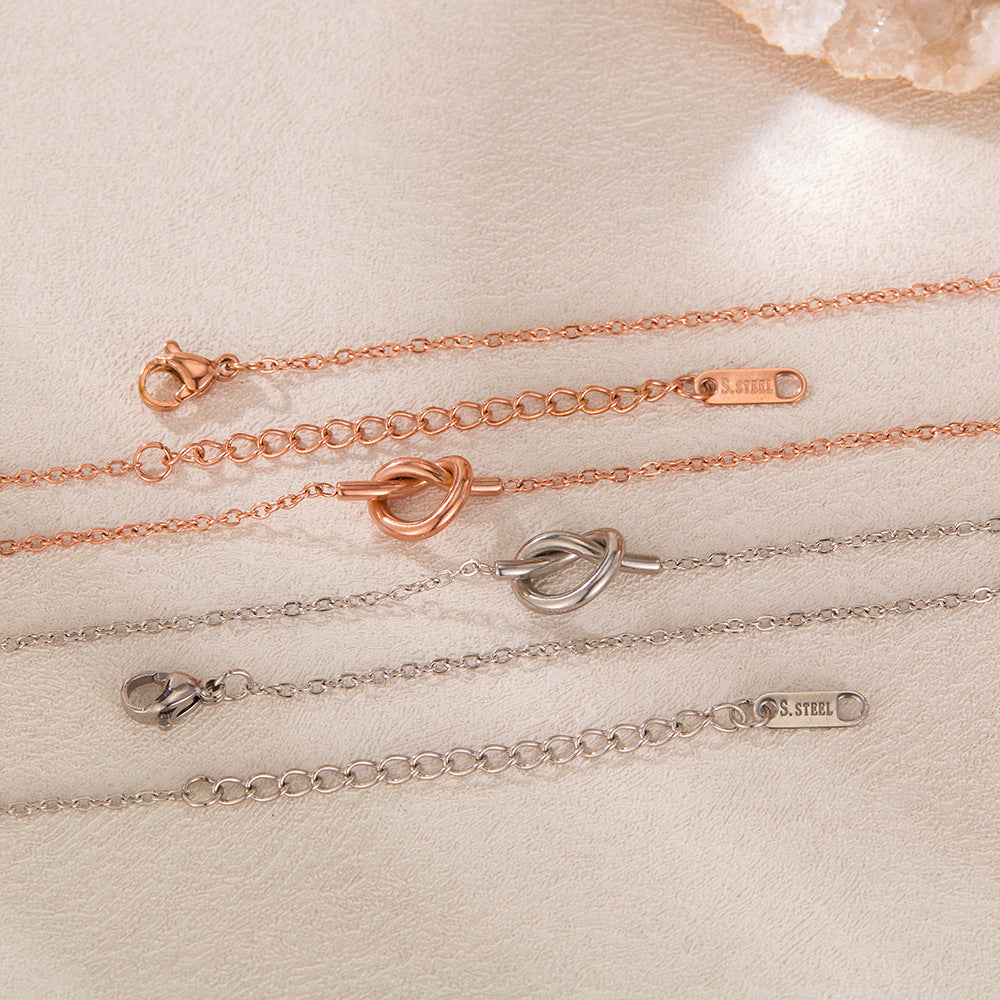 Rockyu レディース ネックレス ハート 結び ピンクゴールド 18金 メッキ チタン 鎖骨チェーン