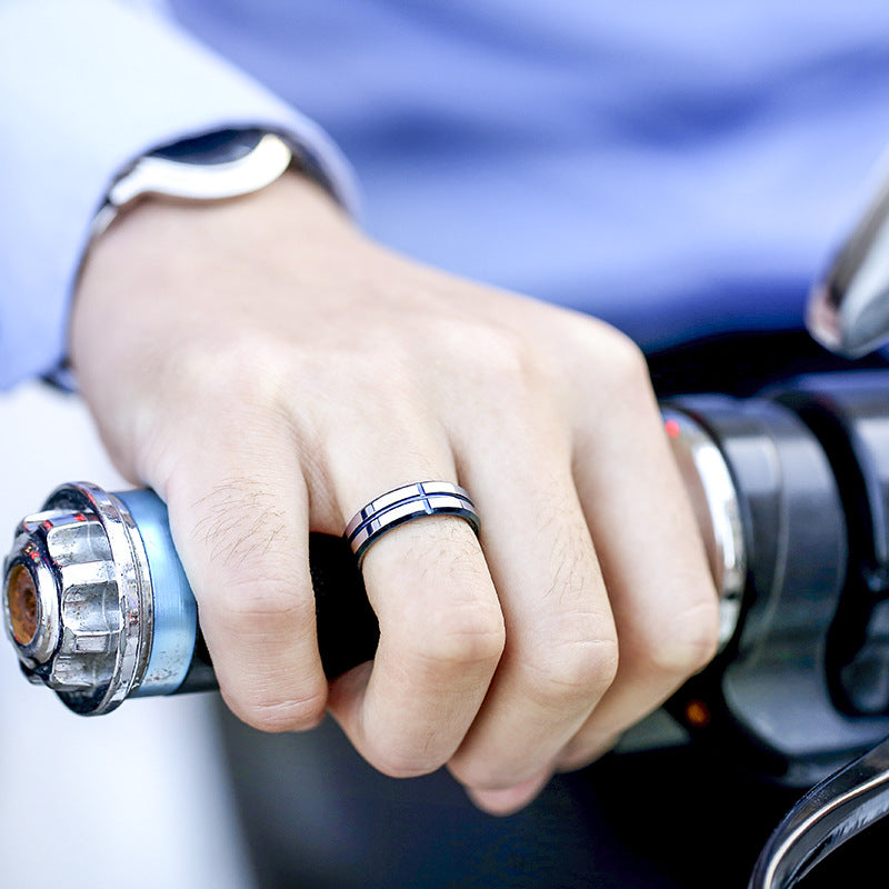 Rockyu タングステンリング メンズ シルバーとブルーが映えるクロスラインデザイン