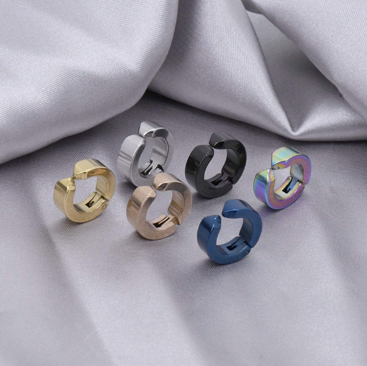 Rockyu ピアス メンズ フェイク フープ チタン製 シルバー&カラーバリエ 穴不要 光面リングイヤリング