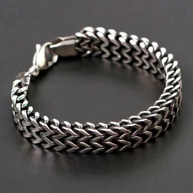 Rockyu メンズブレスレット – シルバーステンレス 2連チェーン 幅広デザイン