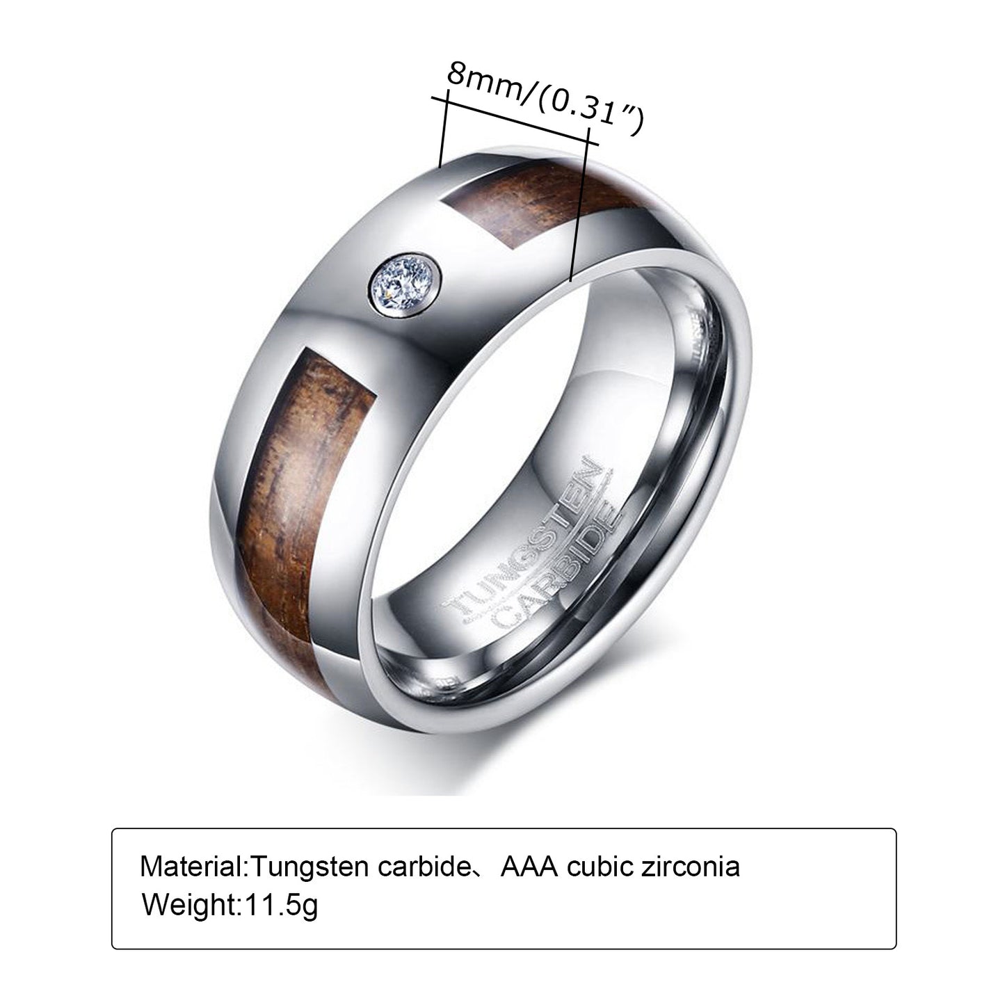 Rockyu タングステンカーバイドリング メンズ 8mm 木目インレイ ジルコニア シルバー 重厚感デザイン