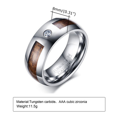 Rockyu タングステンカーバイドリング メンズ 8mm 木目インレイ ジルコニア シルバー 重厚感デザイン
