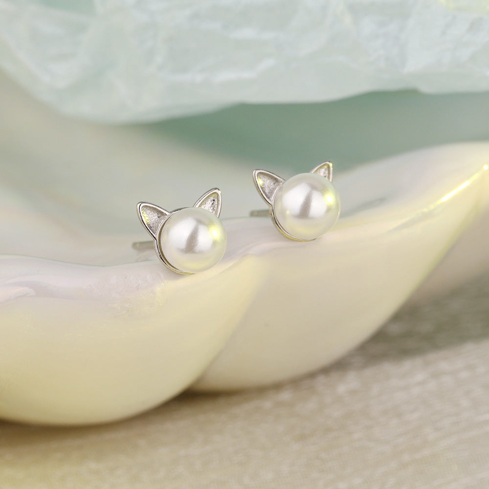 Rockyu 猫耳パールピアス レディース シルバー プチサイズ 可愛いアクセ