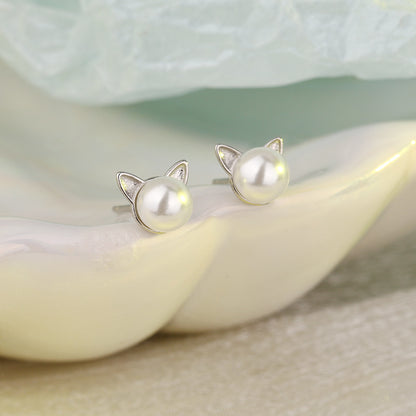 Rockyu 猫耳パールピアス レディース シルバー プチサイズ 可愛いアクセ