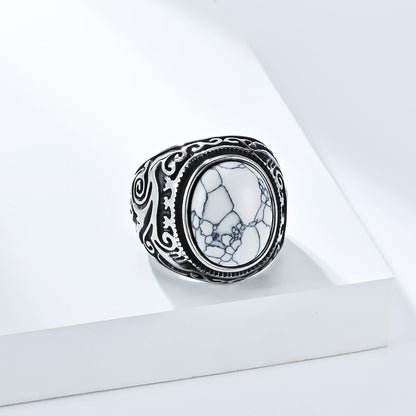 Rockyu メンズ ステンレスリング – 天然石オニキス＆タイガーアイ装飾 シルバー彫刻デザイン