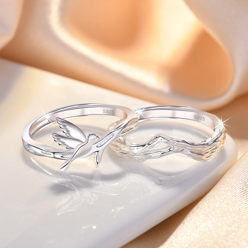 Rockyu ペアリング 二羽の鳥が結ぶ愛のかたち シルバー925 フリーサイズ カップルセット