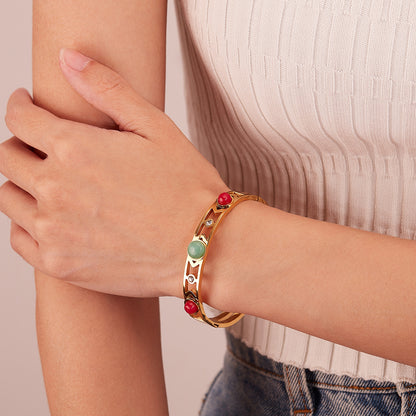 Rockyu レディース バングル 太め 透かし彫り 天然石 ゴールド・シルバー ステンレス 金属アレルギー対応