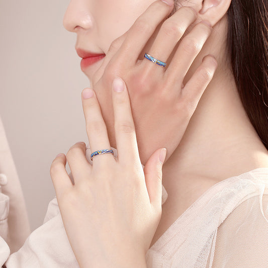 Rockyu ペアリング シルバー925 星空とキツネのデザイン フリーサイズ カップル指輪