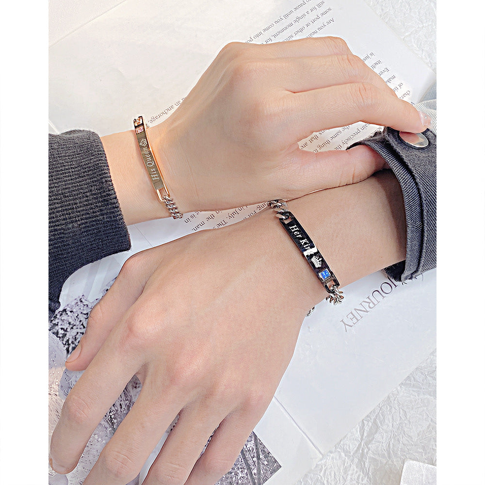 Rockyu ペアブレスレット Her King & His Queen チタンチェーン ジルコニア付