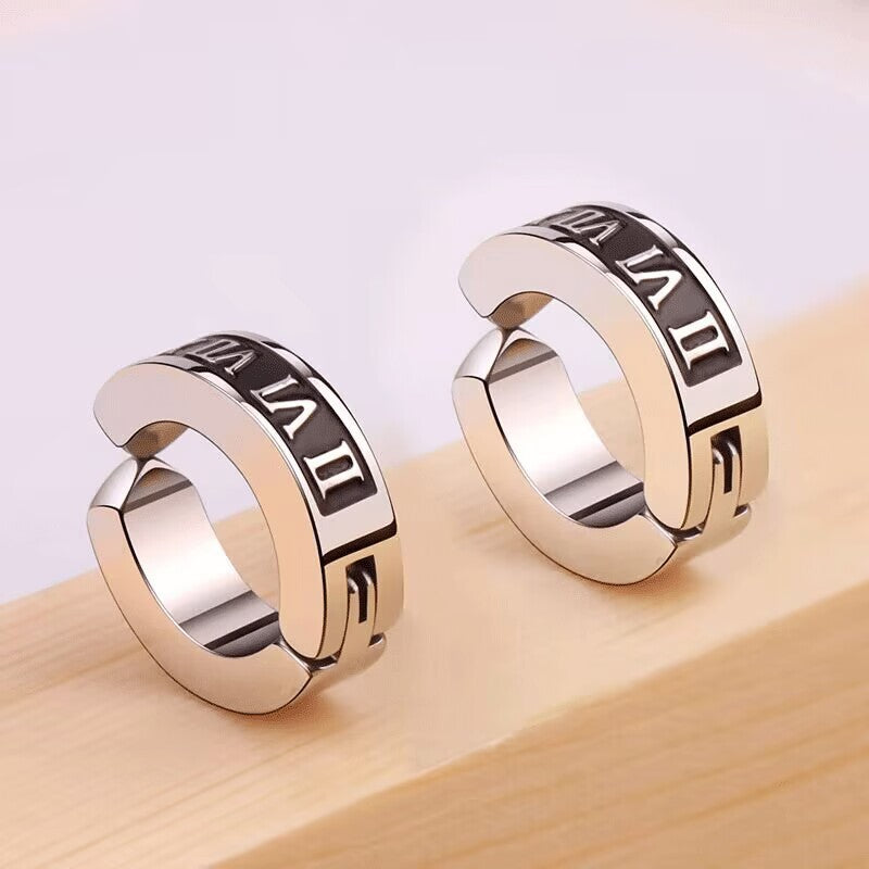 Rockyu フェイクピアス メンズ シルバー 黒 ローマ数字 チタン ノンホール